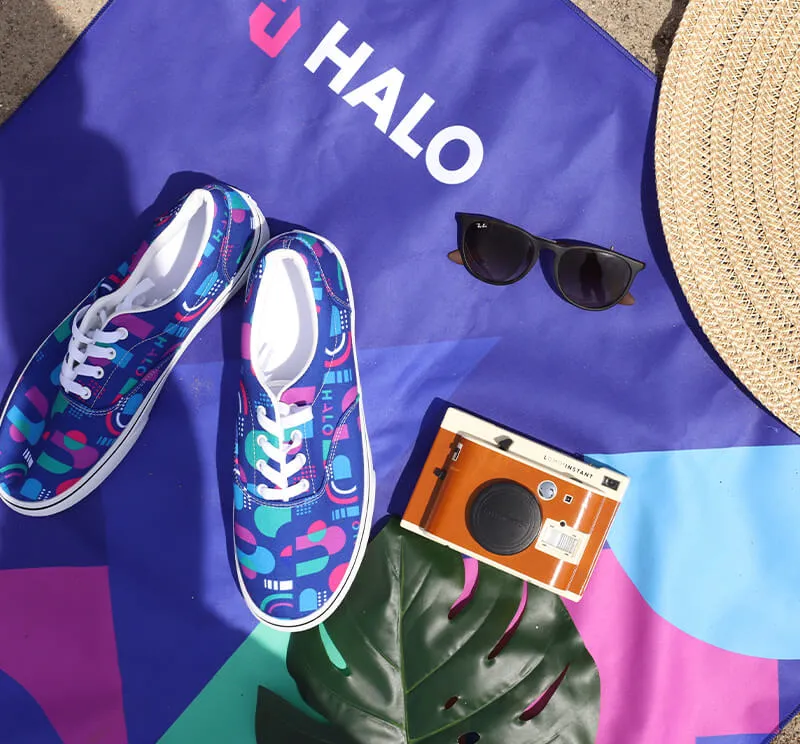 HALO branded sneakers and beach blanket