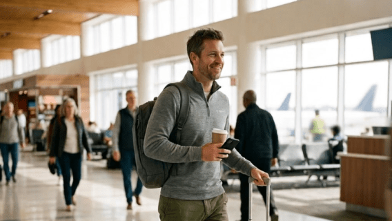 Business traveler wearing a premium HALO quarter-zip while walking through an airport with a backpack and carry-on suitcase.