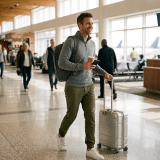 Business traveler wearing a premium HALO quarter-zip while walking through an airport with a backpack and carry-on suitcase.