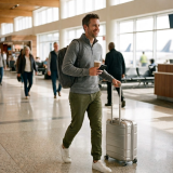 Business traveler wearing a premium HALO quarter-zip while walking through an airport with a backpack and carry-on suitcase.